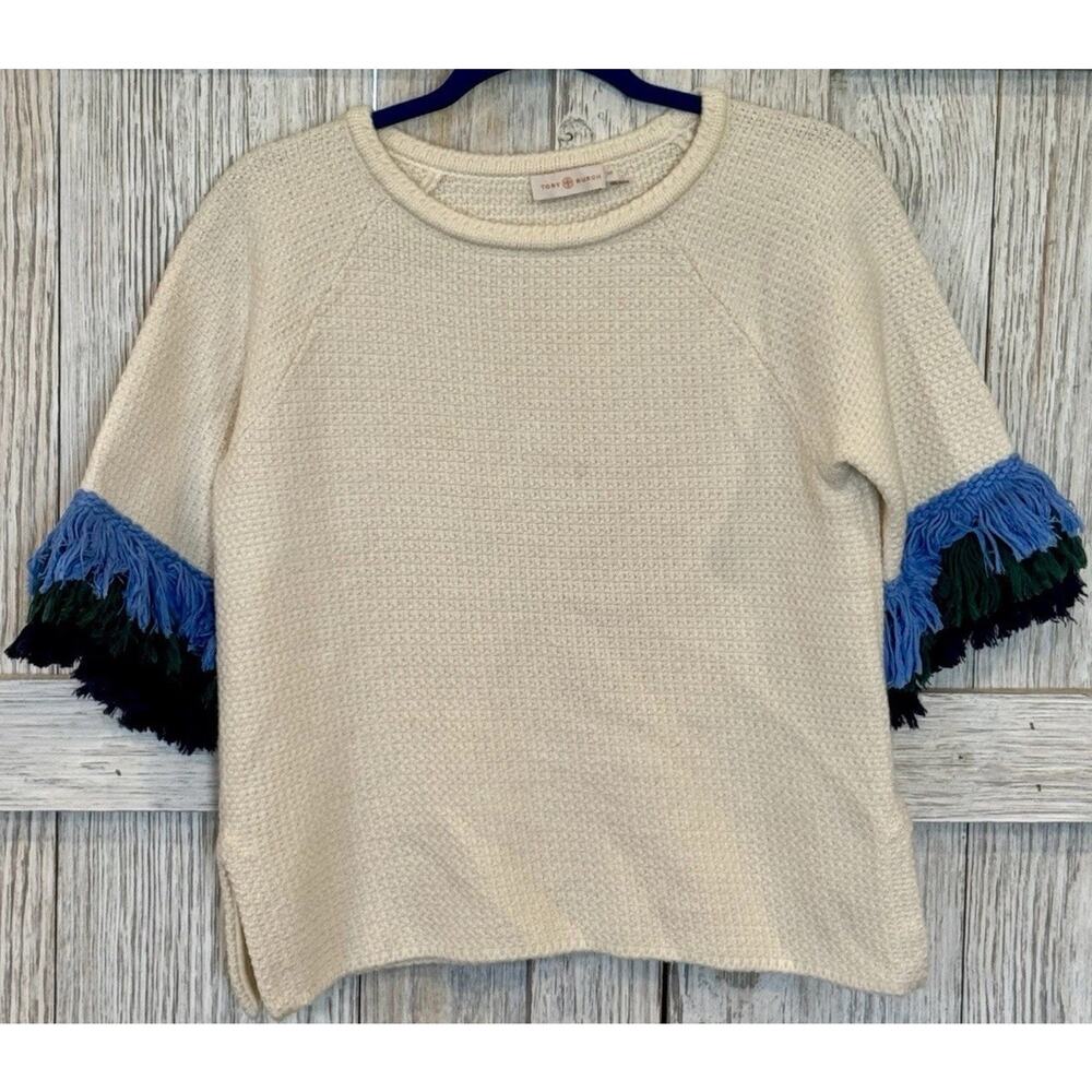 Tory Burch Kingston Tri-Color Fringe‎ Sleeve Sweater Women's S Wool Blend Read